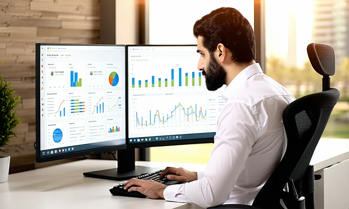 Founder at work in a modern Cairo office, reviewing data on a monitor, natural light