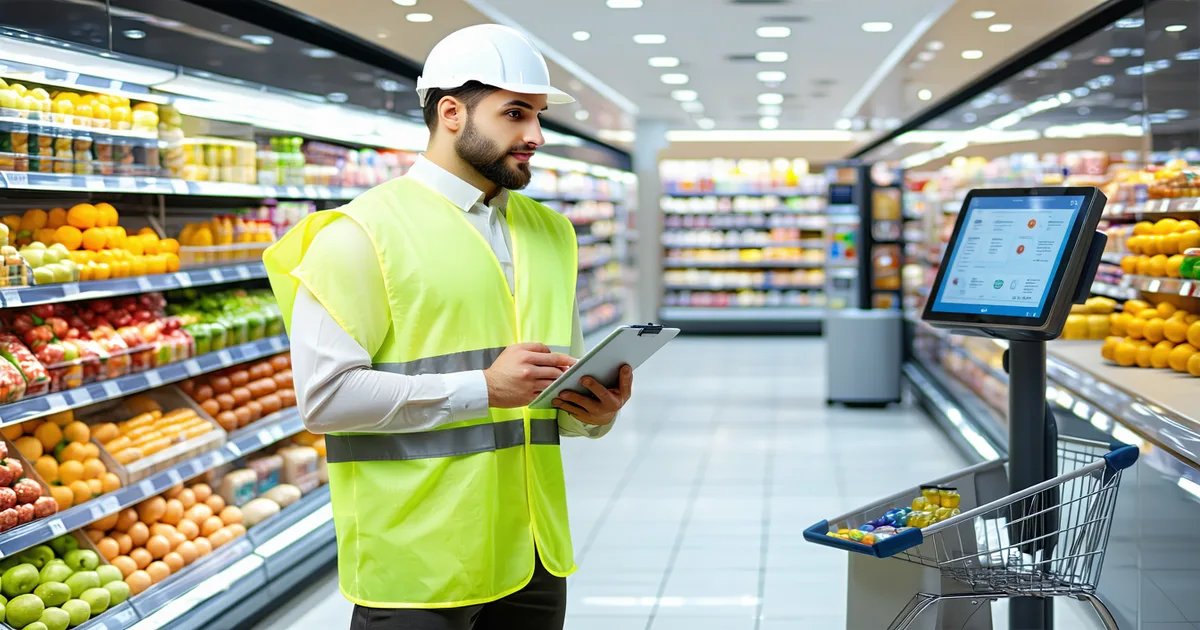 Field auditor with tablet next to a POS terminal in a MENA retail environment, data collection theme