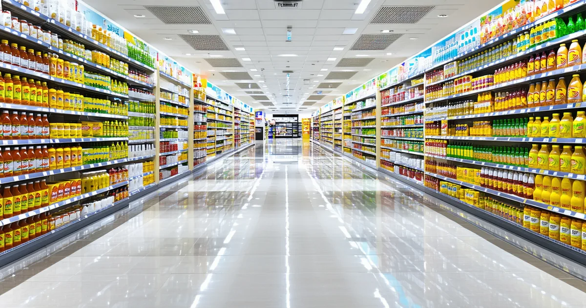 Wide supermarket shelf in Saudi Arabia modern trade showing competitive brand blocks