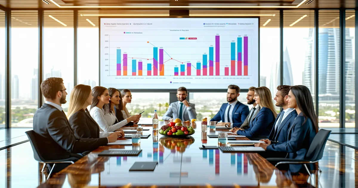 Business meeting in Dubai with FMCG presentation data on screen — category review context