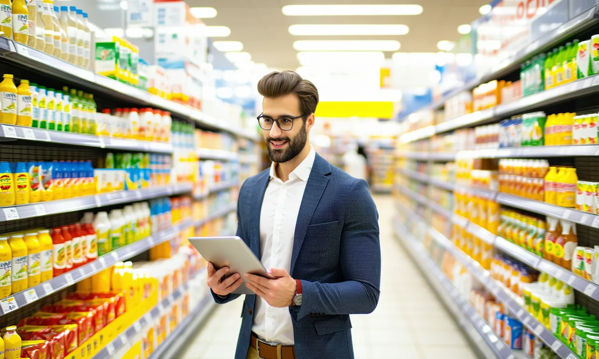 Field auditor reviewing products on a supermarket shelf with a tablet in hand, MENA retail environment