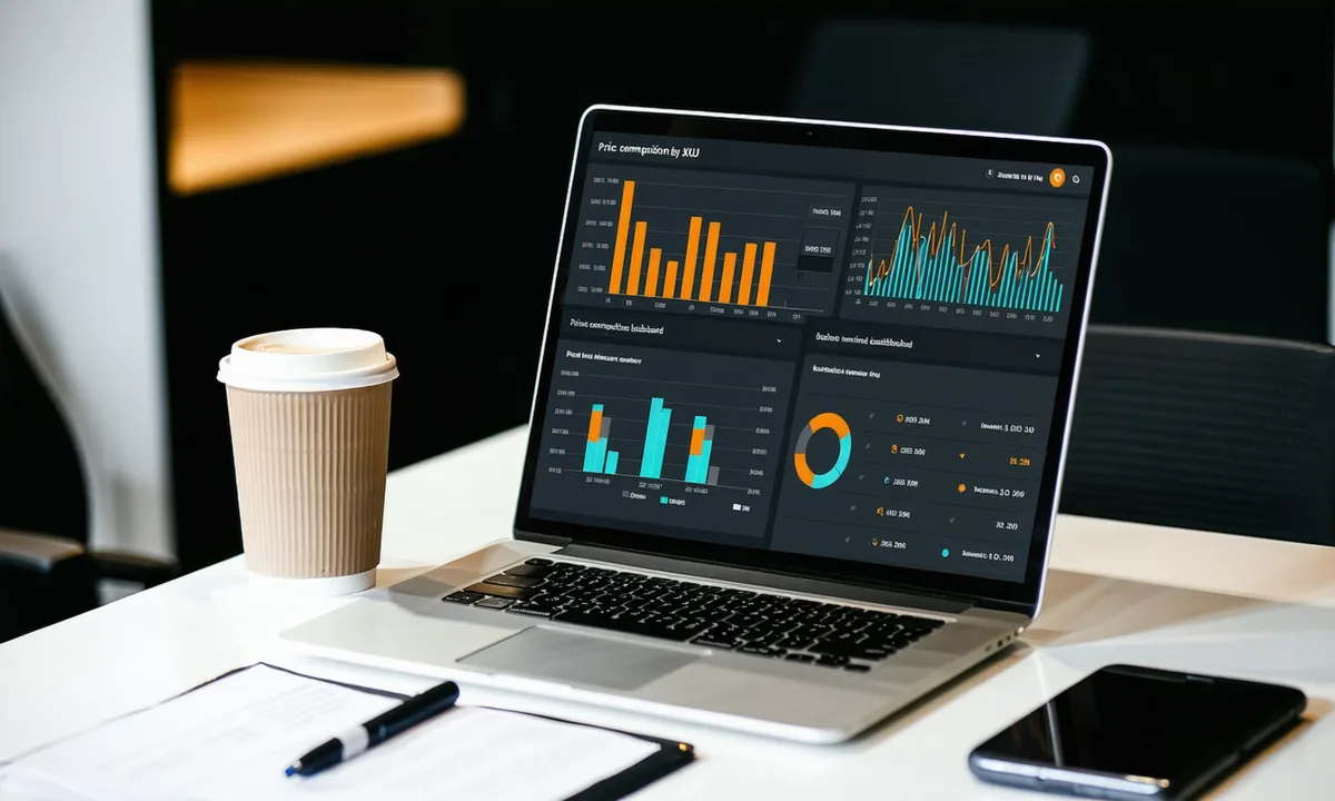Laptop showing retail market intelligence dashboard with price index bar charts and distribution table in dark UI with amber accents