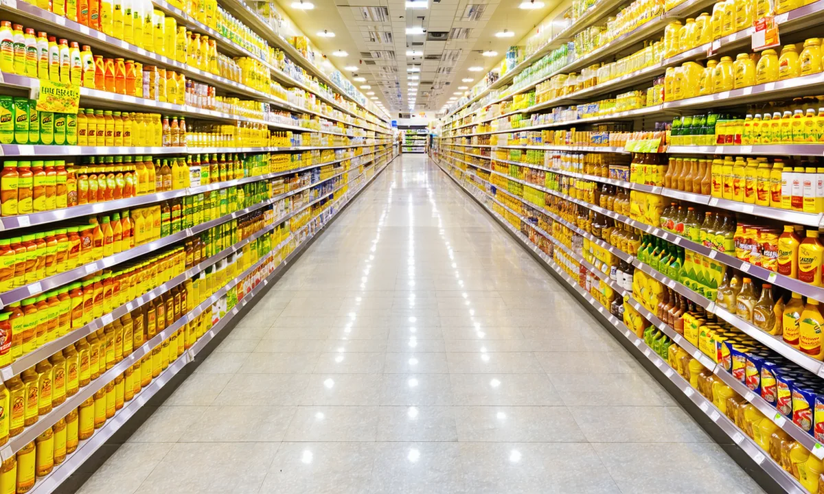 FMCG product shelf in a Gulf supermarket aisle, warm lighting, neatly stocked rows of consumer goods